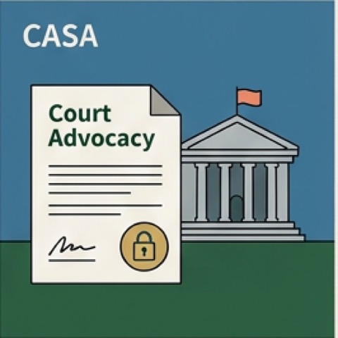 Court document, courthouse columns, and confidentiality lock