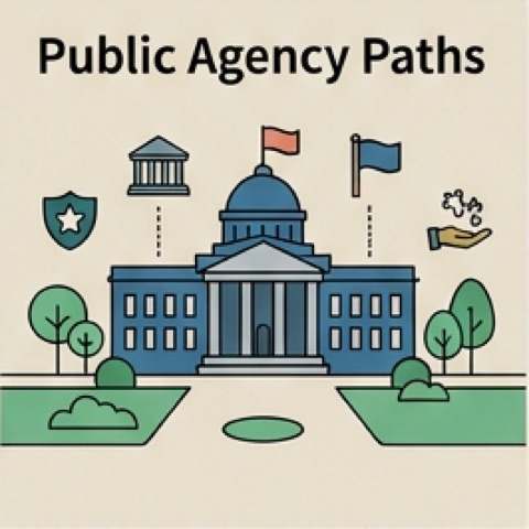 Public agency building, civic flag, and service marker