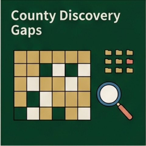 County coverage tiles with a source-discovery magnifier