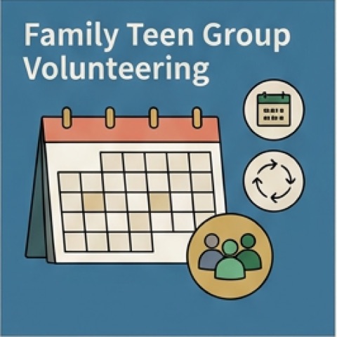 Calendar with abstract family, teen, and group volunteer marks