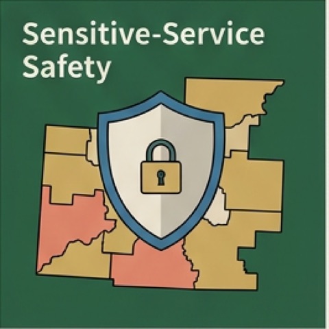 Safety shield, area-only map, and protected-location lock